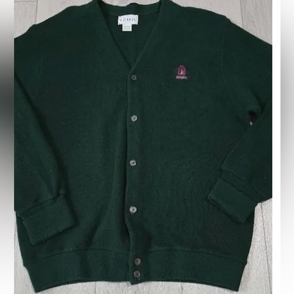 Izod Vintage Men's (Medium) Dark Green Eclectic Grandpa Preppy Cardigan Sweater - Picture 5 of 12